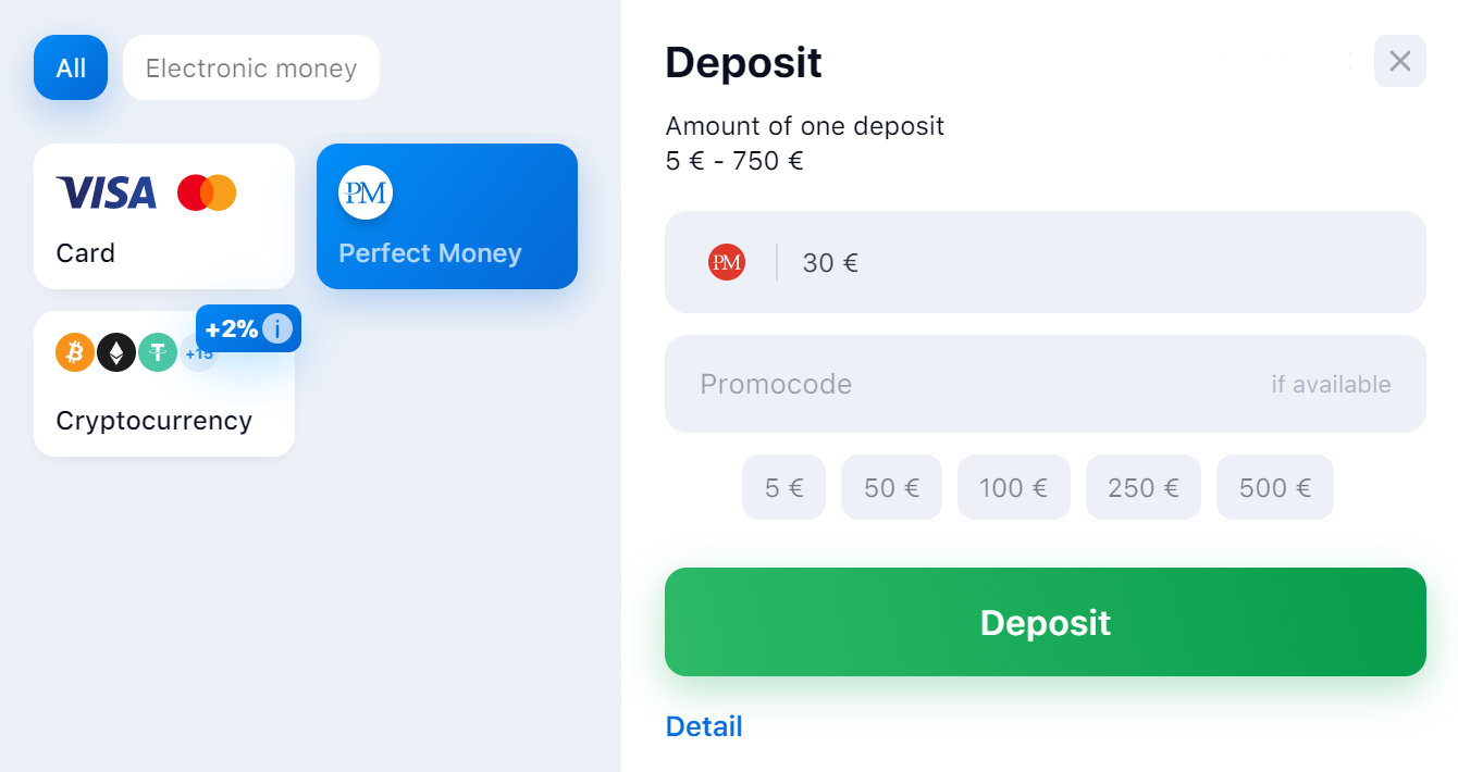 1win deposit methods Perfect Money
